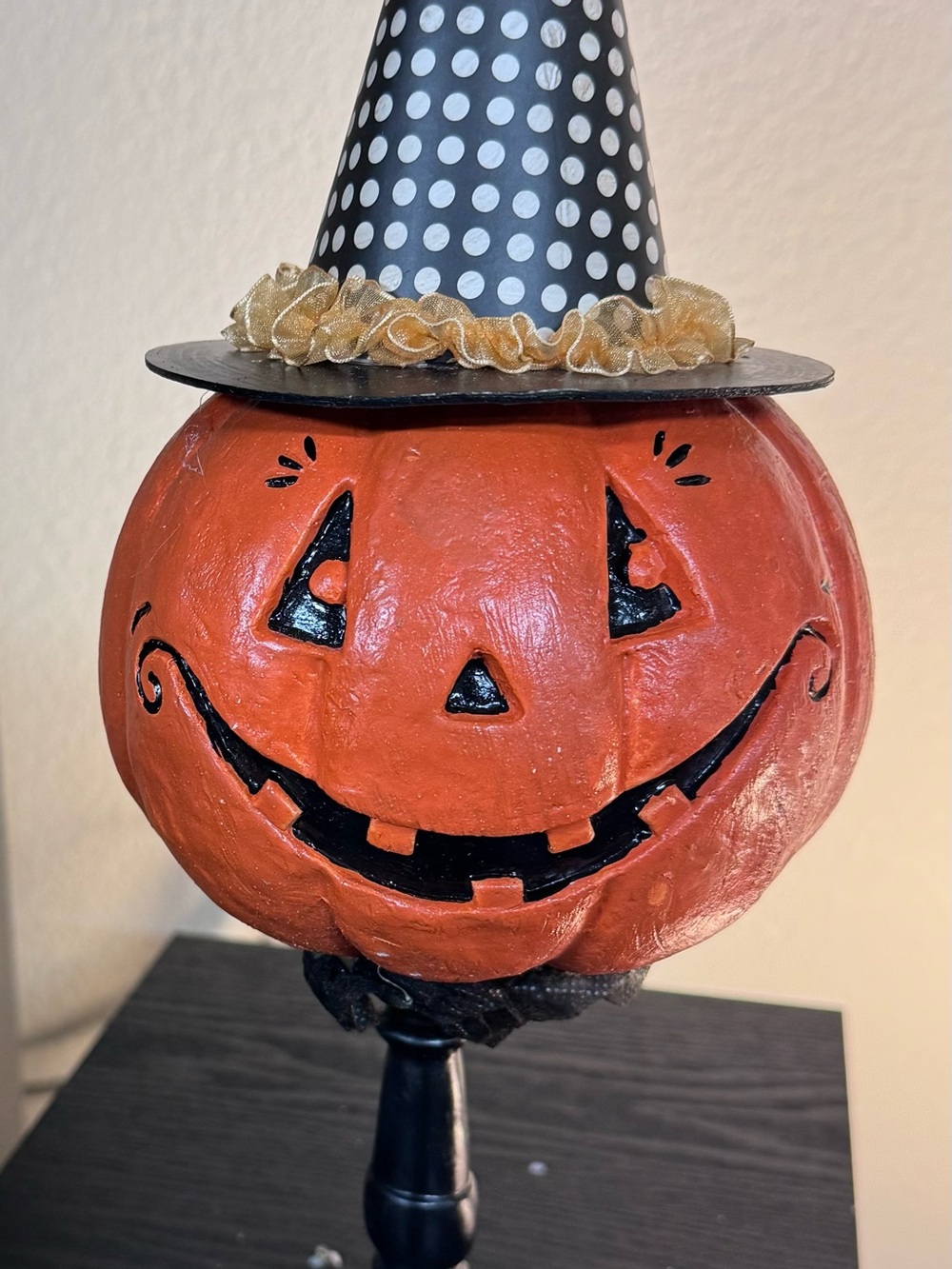 Source Unknown Orange Jack-O'-Lantern with Black Polka Dot Witch Hat